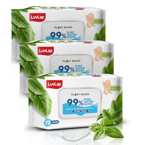 LuvLap Plant Based 99% Pure Water Baby Wipes, 72 Count (Pack of 3), Extra Thick Unscented with Aloe Vera & Vitamin E, pH Balanced, Paraben Free, Ideal for Delicate Skin, Dermatologically Tested