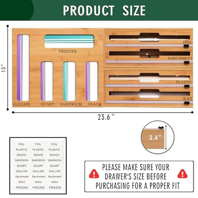 9 In 1 Storage Bag Organizer And Plastic Wrap Dispenser With Cutter, Bamboo Foil and Plastic Wrap Organizer(Natural)