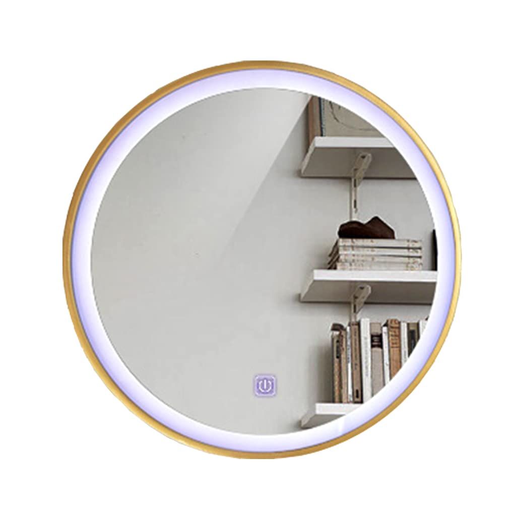 LED Illuminated Bathroom Mirror Decorative Round Wall Mirror Touch Switch Gold Metal Frame Makeup Mirrors for Vanity Living