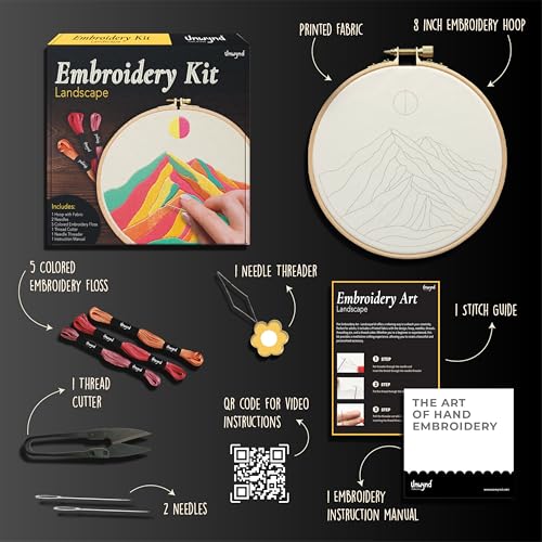 Image of Unwynd Embroidery Kit Landscape Theme for Beginners, Satin Stitch Hand Embroidery Kit for Adults, DIY Valentine's Day Gift with Mountain Sun Pattern