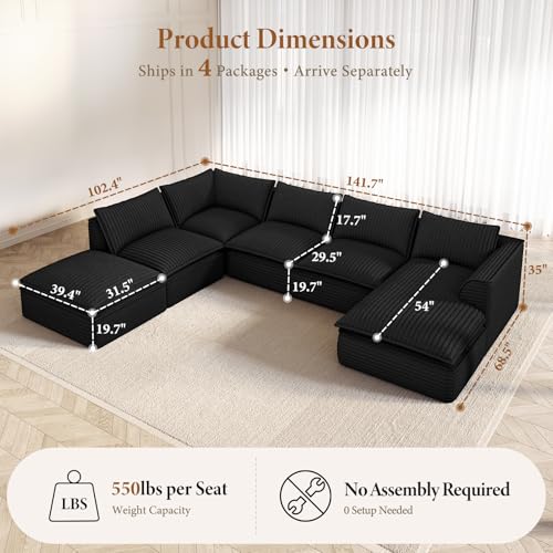 Image of Vesgantti 141.7 inch Oversized Sectional Boneless Couch, Modern 7 Seater Modular Sofa with Chaise & Ottoman, Deep Seat Plush Corduroy Cloud Couches for Living Room, No Assembly Required, Black