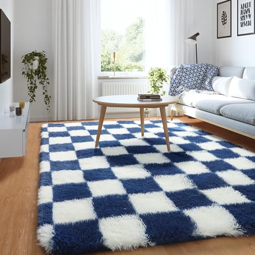 Image of KICMOR Soft Fluffy Navy Blue and Cream White Area Rug for Bedroom, 3x5 Fuzzy Shag Shaggy Checkered Rugs Small Carpet for Living Room, Indoor Plush Checkerboard Rug for Kids Boys Home Decor Aesthetic