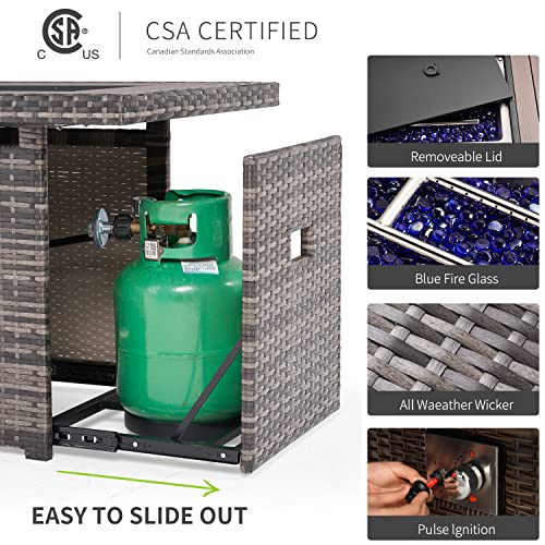 Aoxun Propane Fire Pit Table, 44 In Csa Propane Fire Table Rectangular, 50,000 Btu Auto Ignition Gas Fire Pit For Outside Patio Deck, Oxford Cover, Grey Wicker #TOP3