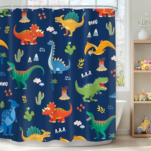 Mitpok Kids Dinosaur Shower Curtain 72Wx72H Blue Funny Dino Boys Navy Kid Cartoon Animal Cute Wildlife Lovely Fun Bathroom Decor Children Toddler Nursery Bath Curtain Fabric Polyester 12 Pack Hooks