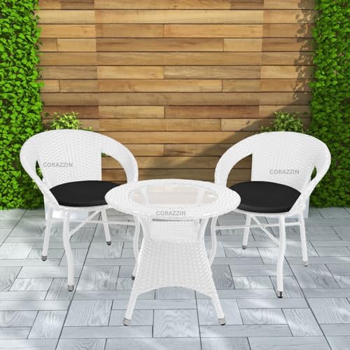 Image of Rattan Wicker Garden Patio Seating Chair and Table Set for Outdoor Balcony Garden Coffee Table Set Furniture with 1 Table and 2 Chair with Black Cushion (White)