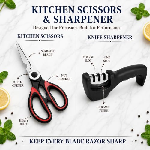 Image of SNMMIFER 5-Piece Kitchen Knife Set with Cleaver, Chef Knife, Utility Knife, Multipurpose Kitchen Scissors,Knife Cover & 3-Stage Knife Sharpener | Stainless Steel Cutting Combo Set (Black Combo)
