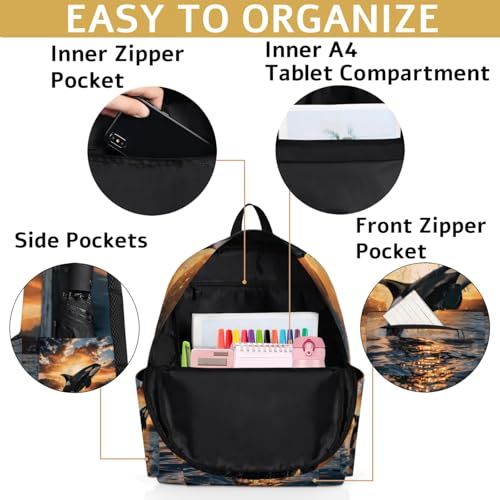 3d Killer Whale 15 Inch Small Backpacks for Women Men, iPad Tablet Backpack Casual Travel Camping Daypack with Adjustable Shoulder Straps and Non-slip Chest Buckle4