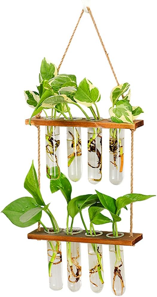 Maghat Wall Hanging Planter, 2 Tiered Glass Test Tube Vase with Wooden Stand, Hydroponic Plant Propagation Station, 8 Bulb Vase, Durable, Modern, Home Office Decor-19.7 inches