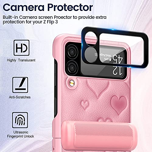 Viaotaily For Samsung Flip 3 Case With Magnetic Hinge Protection, Military-Grade Drop Protective Case Built-In Lens Protector, Support Wireless Charging Leather Cover For Galaxy Flip 3(Hinge Pink) #TOP2