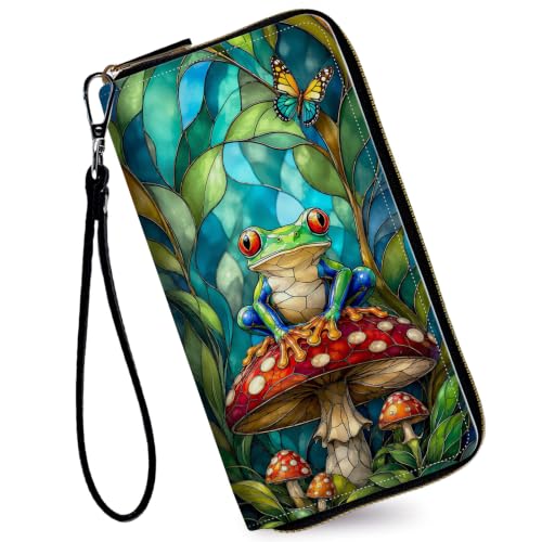 Image of Women's Wallets Credit Card Holder Money Leather Long Wallet | Long wallet with Wristlet,Large Capacity with Zip-Around Phone Purse for Women Ladies Girls,Tree Frog Mushroom