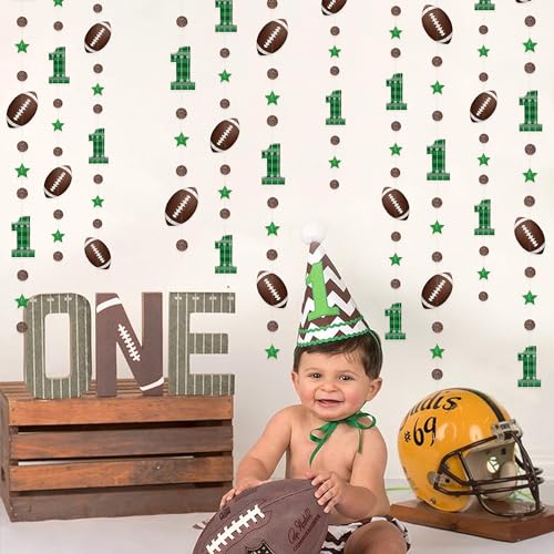 Image of pinkblume Football 1st Birthday Party Decorations Glitter Star Circle Dot Football Theme Garland First Birthday Polka Dot Star Streamer for Boys 1st Year Down Happy Birthday party Decorations Supplies