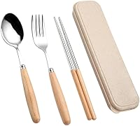 Vista 3 de BESTONZON Juego de cubiertos de acero inoxidable de 3 piezas, incluye cuchara, tenedor, palillos con estuche