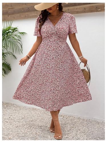 Image of Floerns Women's Plus Size Twist Front V Neck Midi Dress Short Sleeve A Line Dresses
