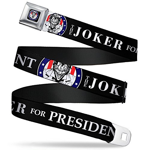 DC Comics Belt, Seatbelt Buckle Belt, The Joker For President Presidential Seal Black White Blue, Adjustable