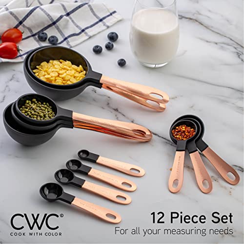 Cook With Color 12 Pc Measuring Cups Set And Measuring Spoon Set With Copper Coated Stainless Steel Handles, Nesting Kitchen Measuring Set, Liquid Measuring Cup Set, Dry Measuring Cup Set (Black) #TOP1