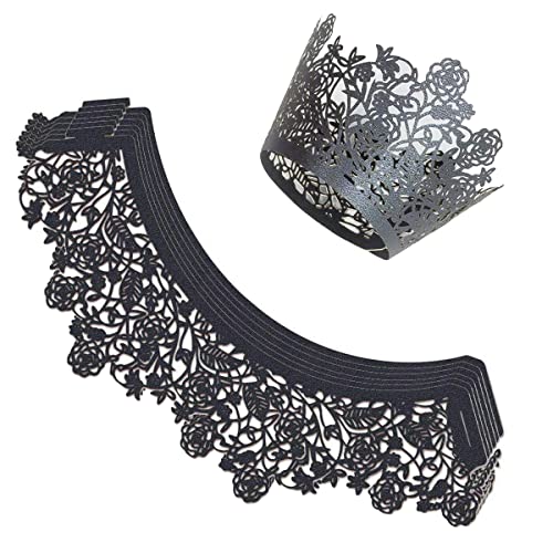50 Pieces Hollow Rose Lace Cupcake Wrappers Holders Wedding Baking Cupcake Wrapper Party Birthday Cake Decoration Supplies (Black)