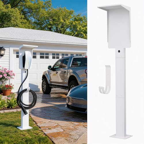 Image of Outdoor EV Charger Pedestal for Tesla & J1772 Charger with Roof | Heavy-Duty Rugged Stand, Anti-wobble Stable Base, Anti-Rust Finish, Handy Organizer Keeps Cable Tidy, Rain & Leaf Protection