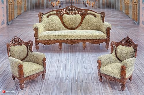 Image of Wooden 5 Seater Sofa Set, Solid Wood Sofa | 3+1+1 Natural Brown Finish with Fabric Seating | Traditional Design Furniture for Living Room, Home, Office