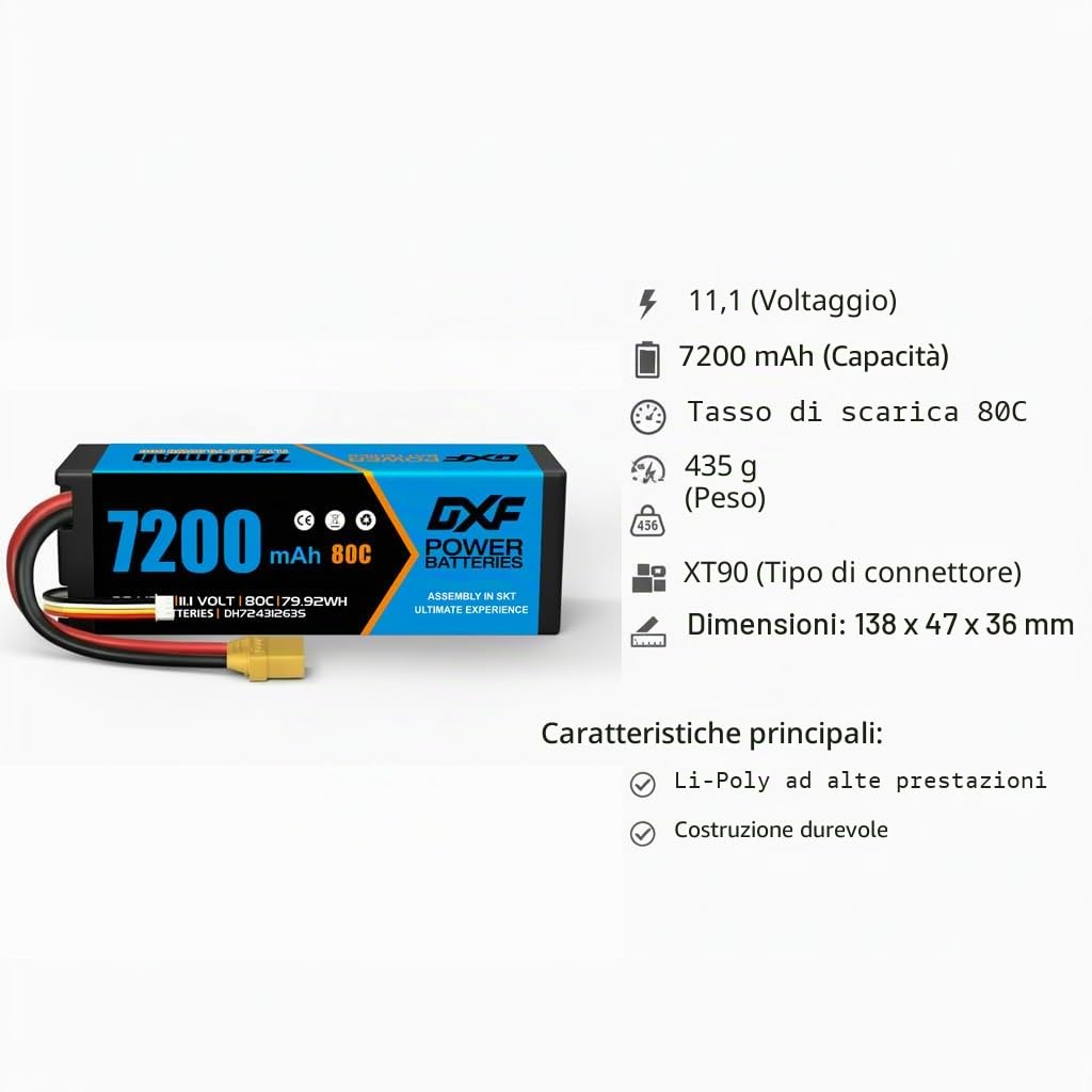 DXF Batteria LiPo 3S 11.1V 7200mAh 80C Spina XT90 Auto RC Aereo Elicottero Truck Buggy 1/8 1/10 Touring Car Alta Capacità Potente Gare Racing Corse Modellismo 1 Pezzo