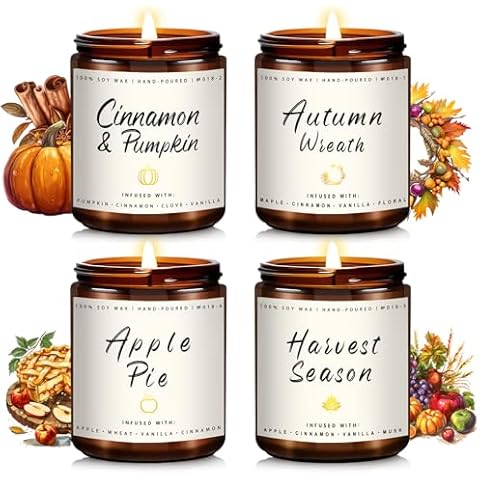 Winter Fall Candle Set | 4 Pack Christmas Fall Candles for Home - Christmas Gifts for Women Men, Fall Holiday Soy Candles | Holiday Celebration Scents of - Apple Pie/Cinnamon/Harvest/Wreath Cover