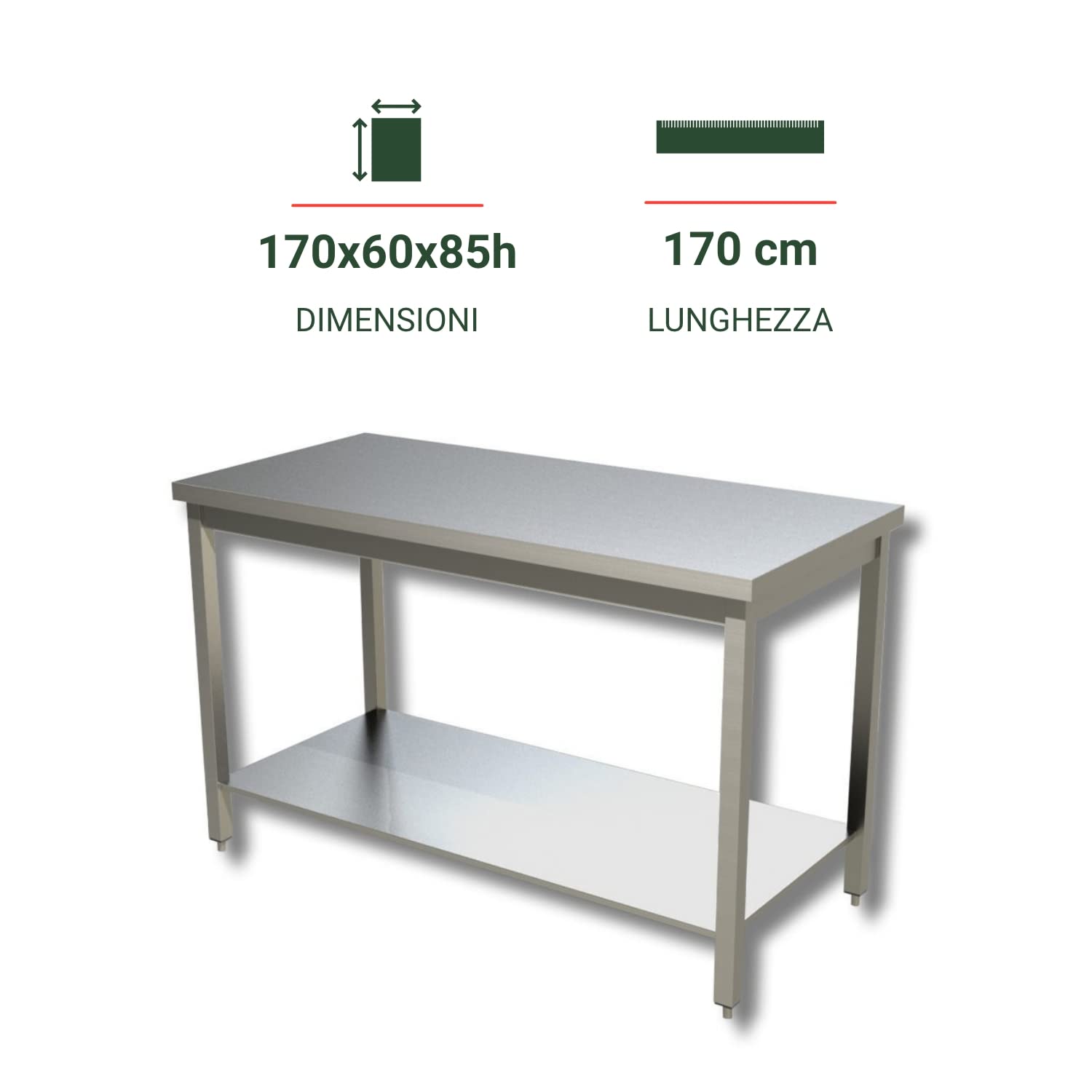 Ristoattrezzature Tavolo in Acciaio Inox Professionale 170x60x85h - Piano di Lavoro per Cucine, Ristoranti, Pizzerie