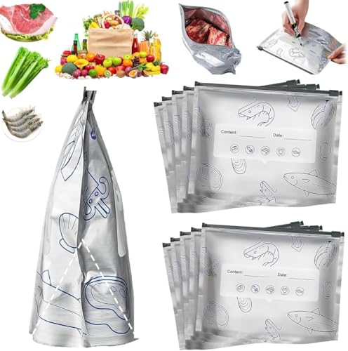 Image of Pack of 10 Reusable Aluminum Foil Food Storage Bags with Zip Lock Seal, Leakproof & Airtight Freezer Bags, Stand-Up Reusable Fresh Keeping Bags for Meat, Vegetables & Snacks, Washable Pouches