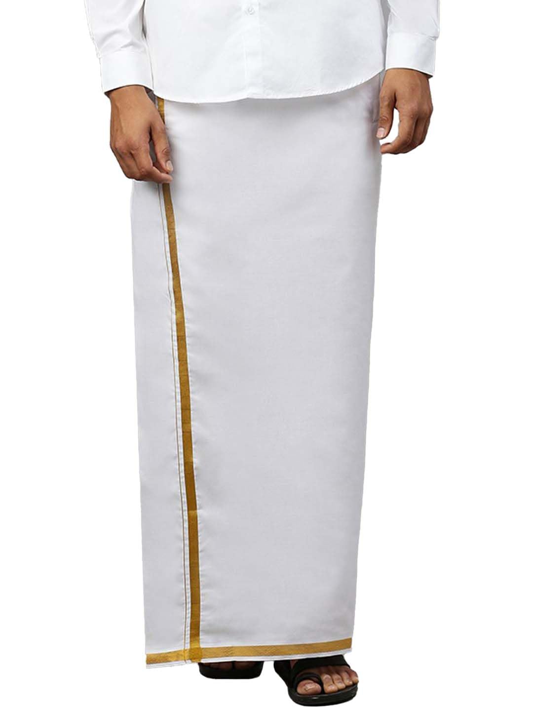 ramraj cotton Men SIngle Layer Adjustable Velcro Pocket Dhoti | Solid White With 3/4 inch Gold jari border-picture-26