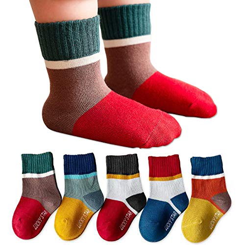 XIRUILANG 5 Pairs Kids Boys Girls Crew Socks Non Slip Skid Grips Sticky Slippery Cotton For Baby Children Youth Lucky 6-8Years