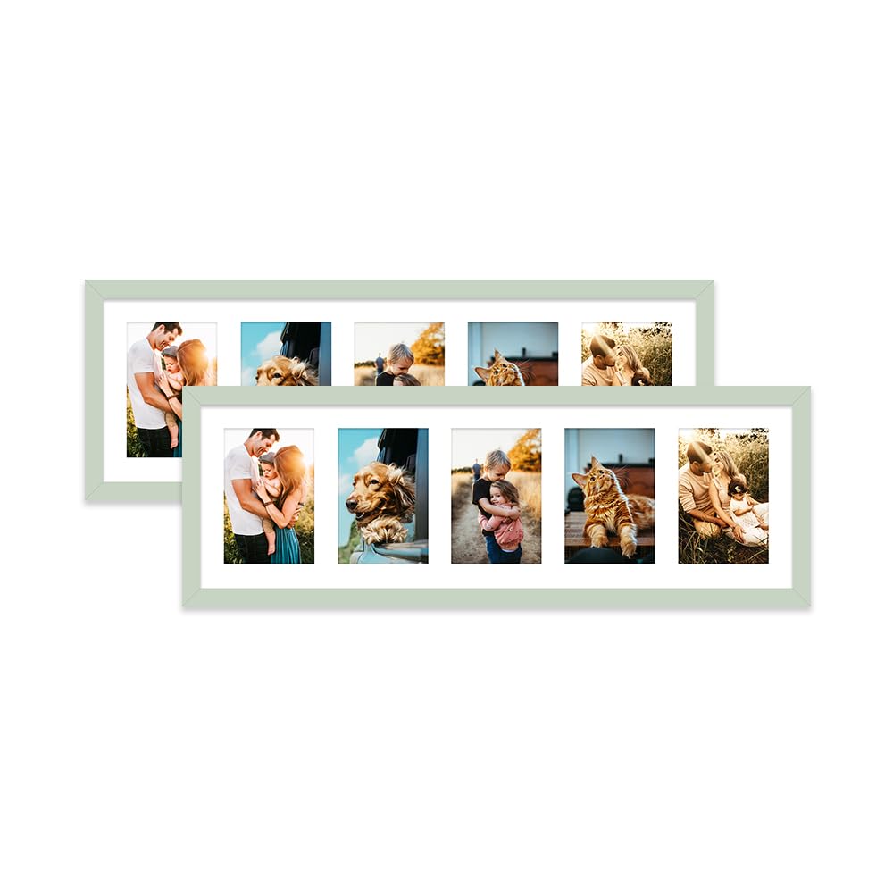 Mint Green Multi Photo Frame - Holds 5 x 6x4 Pictures, Family Collage Picture Frame for Wall Display, 8x26 Panoramic Frame Size, Set of 2