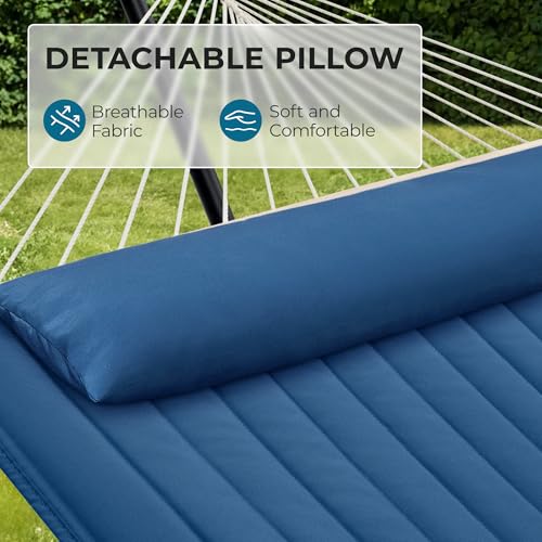 Image of SUPERJARE 12ft Double Hammock with Stand, Rope Hammock for 2 Person, Detachable Hammock Bed and Pillow, Portable, Anti-Tip Safety Ropes, Carry Bag, Outdoor Backyard Patio Camping, Navy Blue