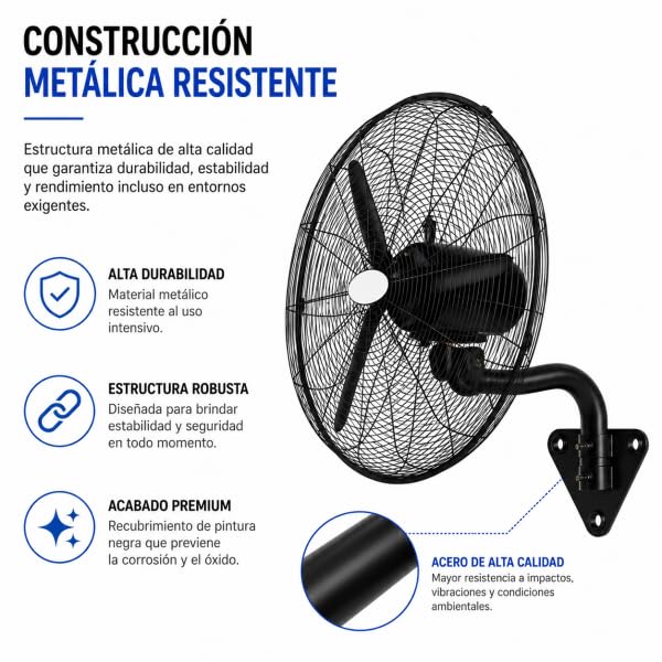 Bilake Ventilador Industrial Pared Negro Metal | Oscilante, Orientable y Ajustable | 3 Velocidades, 3 Palas, Silencioso | Almacenes, Gimnasios, Colegios, Fábricas (Ø71 cm | 240W | Botones Integrados)