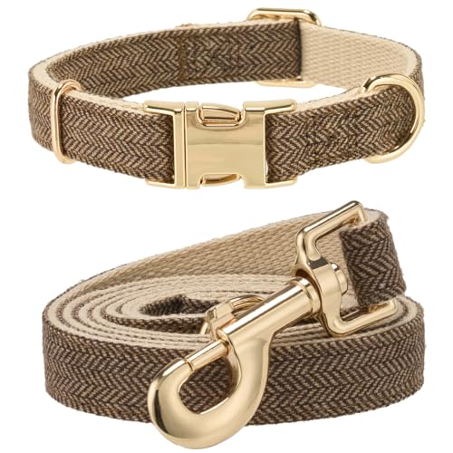 YUDOTE Hundehalsband und Leine Set Klein, Weiche Reizfreie natürlicher Baumwolle mit Twillgewebe für Hund mit empfindlicher Haut, Graubraun