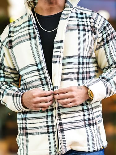 Image of Maniac Mens Checkered Full Zipper Fullsleeve Polyester Blend Fleece Shacket for Men