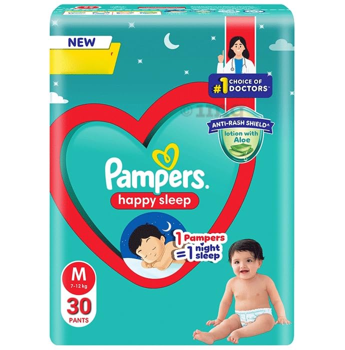 Image of Pampers Happy Sleep Diaper| Pant Style Diaper Medium Size, 30 count | Overnight Protection with upto 10 hrs absorption(30 Count, Pack of 2)