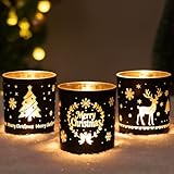 Larcenciel Teelichthalter Weihnachten, 3er Set Luxus Schwarz Gold Kerzenständer Glas mit Rentiere, Kränze, Weihnachtsbäume, Romantischer Windlicht Glas für Tischdeko Weihnachten, Wohnzimmer Home Deko