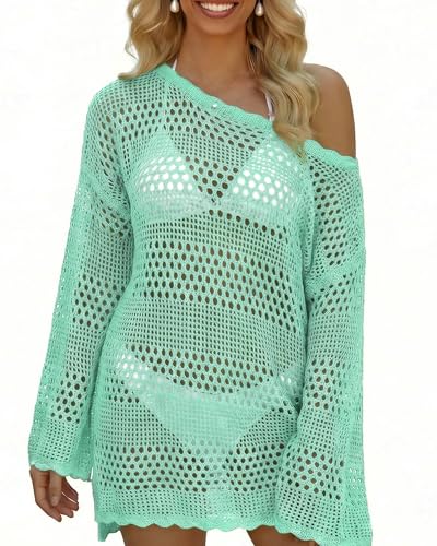 Image of CoCozy Womens Bathing Suit Cover Up, Beach Swimsuit Bikini Crochet Coverups Knitted Beachwear Dress 2025 Vacation Outfits,Light Green L