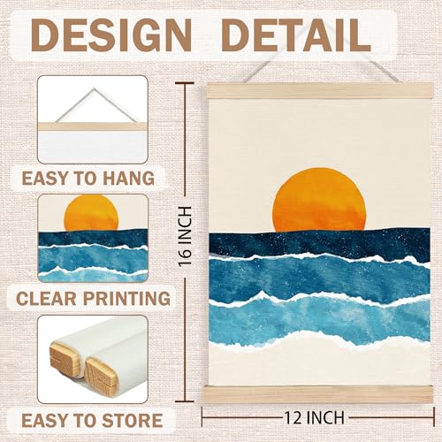Image of PQKIY Abstract Boho Sun Ocean Wall Art Poster Hanger Frame 12x16 in, Minimalist Mid Century Modern Sunrise Sunset Ocean Waves Wall Decor Canvas Prints for Home Bedroom Living Room