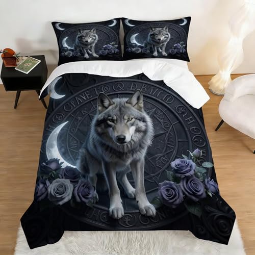 Image of Gothic Wolf Moon Comforter Set Queen Size Dark Fantasy Wolf Rose Bedding Sets for Kids Teens Boys Girls Bedroom Mystic Witchy Decor Quilt 1 Comforter 2 Pillowcases