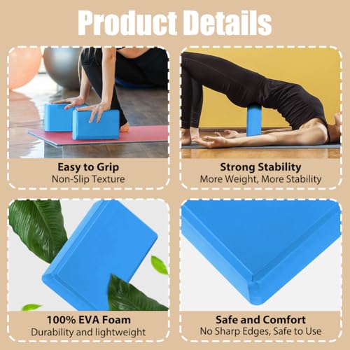 Image of Flintronic Yoga Blocks Set of 2, Sports Yoga Blocks, Gym Bricks, Non-Slip Lightweight Yoga Block, High-Density EVA Foam Yoga Block for Yoga Pilates Training and Home Exercise, Blue
