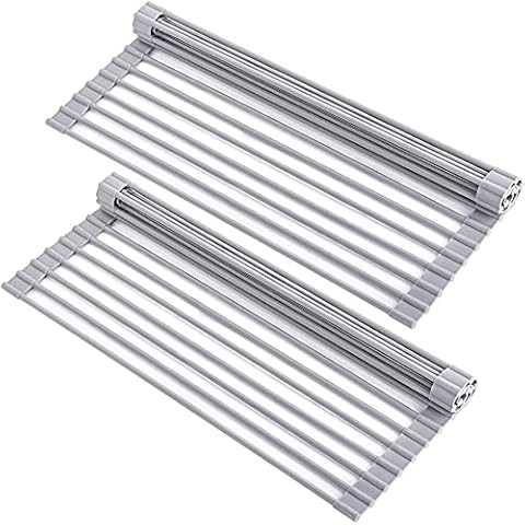 YIHONG 2 Pack Roll Up Dish Drying Rack, 17" L x 13" W Over The Sink Dish Drying Rack, Kitchen Multipurpose Foldable Dish Drainer for Sink Counter,Gray Cover