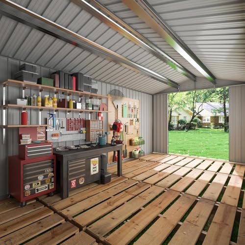 Image of AirWire 14x12 FT Outdoor Metal Storage Shed with Window, Heavy-Duty Galvanized Steel Tool Shed with Lockable Doors, Waterproof Garden Shed for Backyard, Patio, Lawn, Black