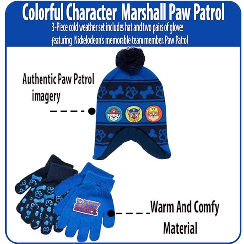 Image of Nickelodeon Paw Patrol Boy's Winter Hat and 2 Pair of Gloves or Mittens Set (Toddler /Little Boys) Size Age 4-7, Paw Patrol Navy Blue Glove with Handwarmers