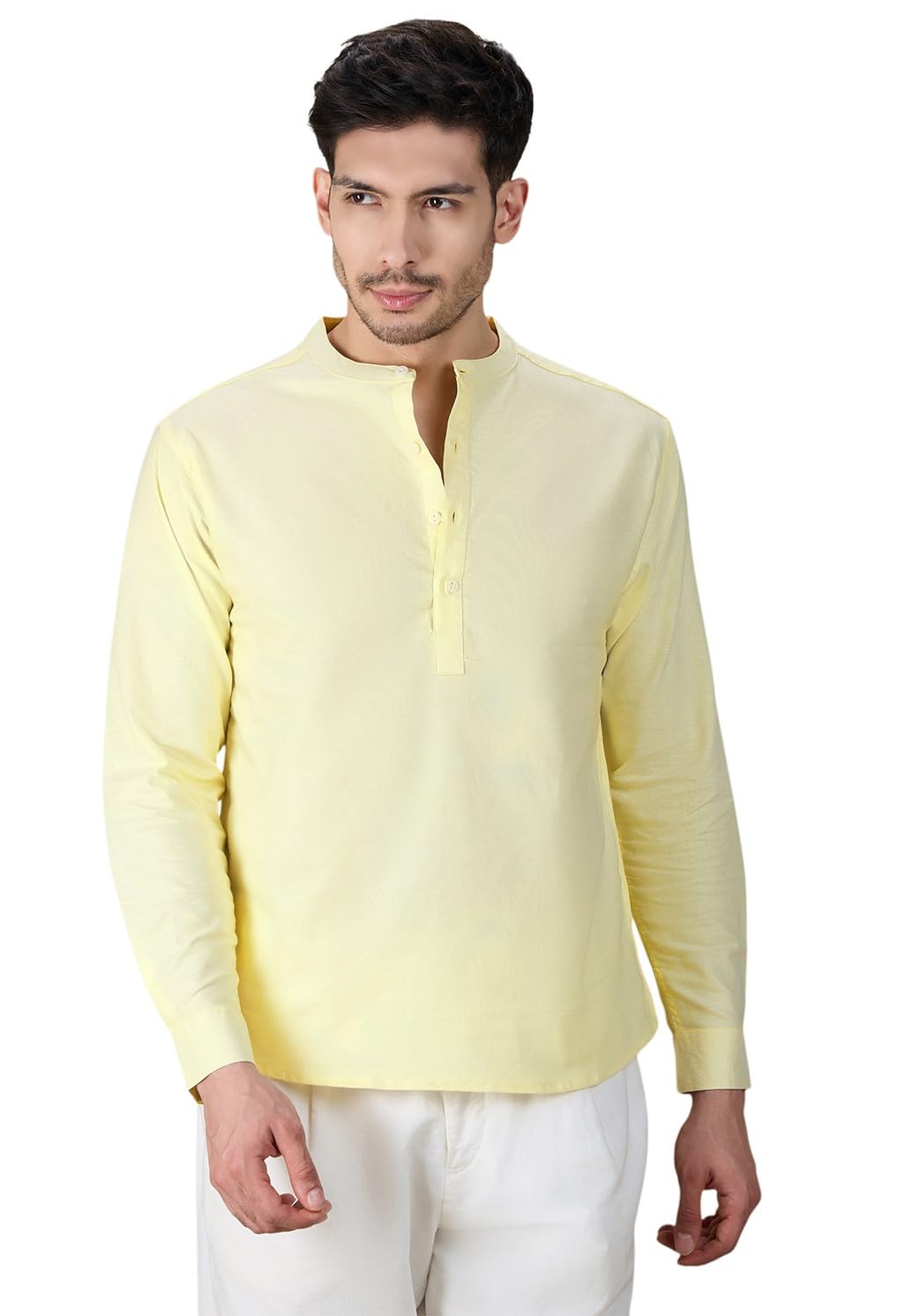 studio shringaar Men's 100% Cotton Yellow Oxford Classic Short Kurta Shirt-picture-22