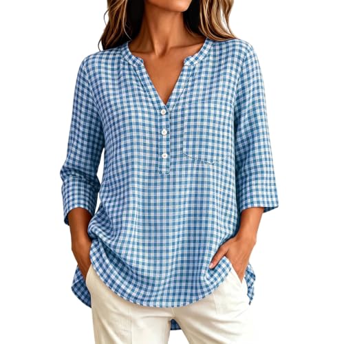 Plaid Shirts for Women V Neck Henley 3/4 Sleeve Henley Gingham Tops - image 1