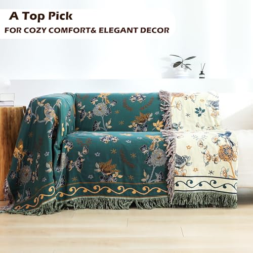 Boho 100% Cotton Large Throw Blanket - All Season Rustic Ultra Soft Breathable Floral Bird Blanket for Bed Sofa Couch Chair Bedspread Quilt Gift, 80" x 90"-Teal/Beige