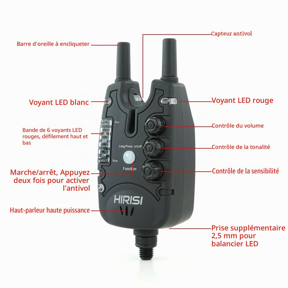 Hirisi Tackle Alarme de touche étanche pour pêche à la carpe avec 9 LED et réglage de la tonalité du volume et de la sensibilité, accessoires de pêche