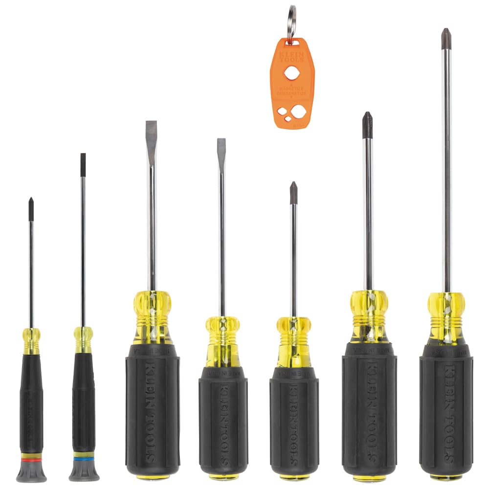 Klein Tools 85808 - Juego de destornilladores, puntas mecanizadas de precisión, (4) Phillips, (3) ranurados, magnetizador/desmagnetizador, fabricado en Estados Unidos, 8 piezas