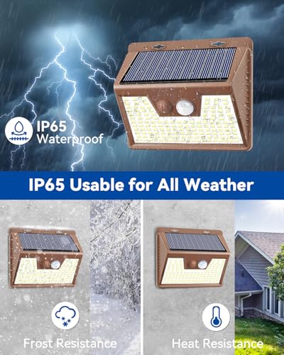 Image of Peasur Brown Solar Lights Outdoor Motion Sensor 8 Pack, Ultra-Bright 3 Mode 140LED Fence Security Light Waterproof, Solar Wall Lighting for Patio Yard Step House Outside Cool White