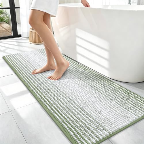 Image of OLANLY Bathroom Runner Rugs 47x17, Extra Soft Absorbent Chenille Striped Bath Rugs, Rubber Backing, Machine Wash Dry, Long Bath Mats for Bathroom, Tub, Shower, Home Decor Accessories, Sage Green
