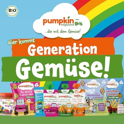 Pumpkin Organics Bio Gemüse-Quetschies 70% Gemüse - 8er Pack Süßkartoffel, Kürbis, Karotte, Erdbeere - ohne Zuckerzusatz¹ - ab 6 Monaten - als Snack oder Beikost für unterwegs - (8x100g)